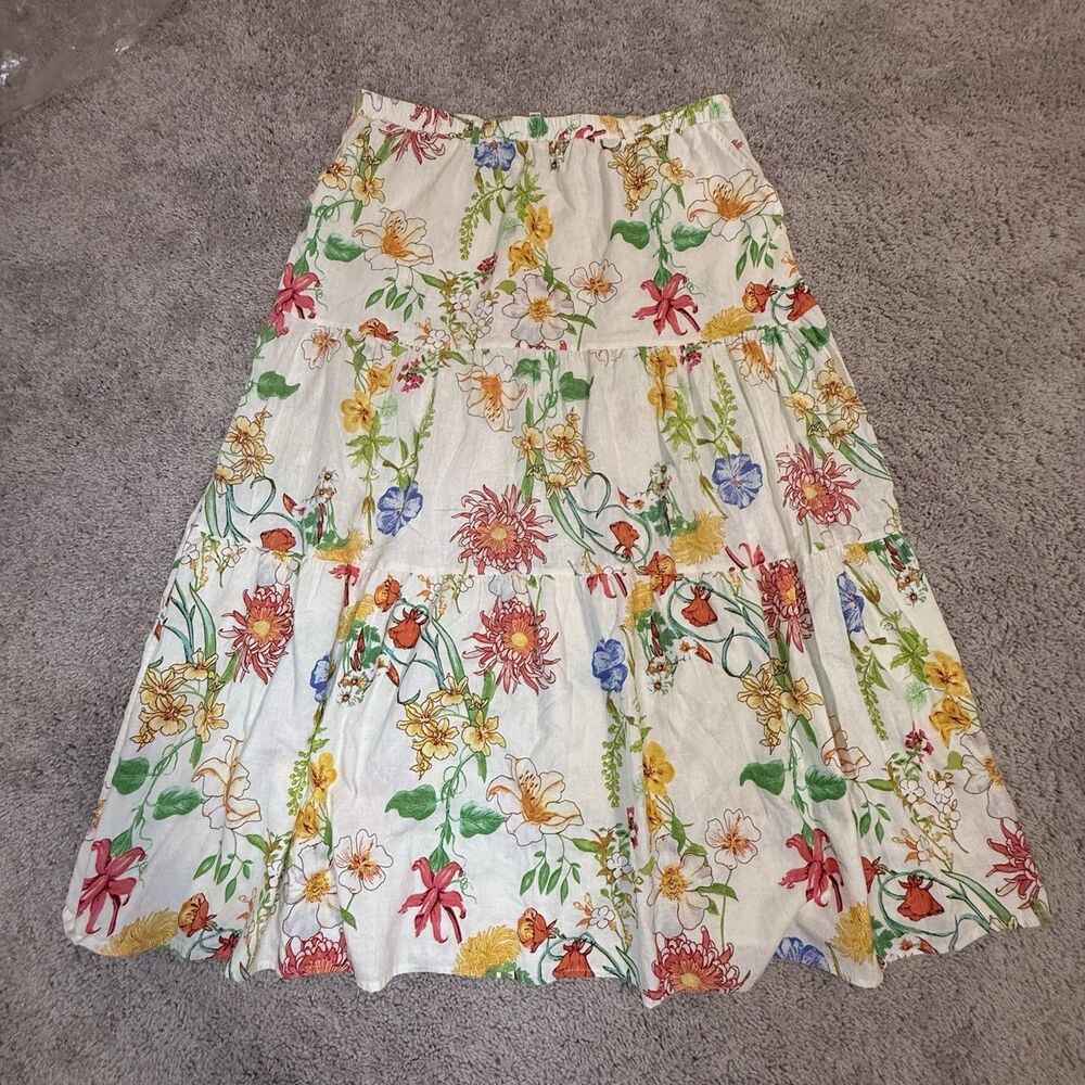 Laura Ashley Womens Floral Tiered Midi Maxi Shirt Linen Blend Sz L Boho Cottage